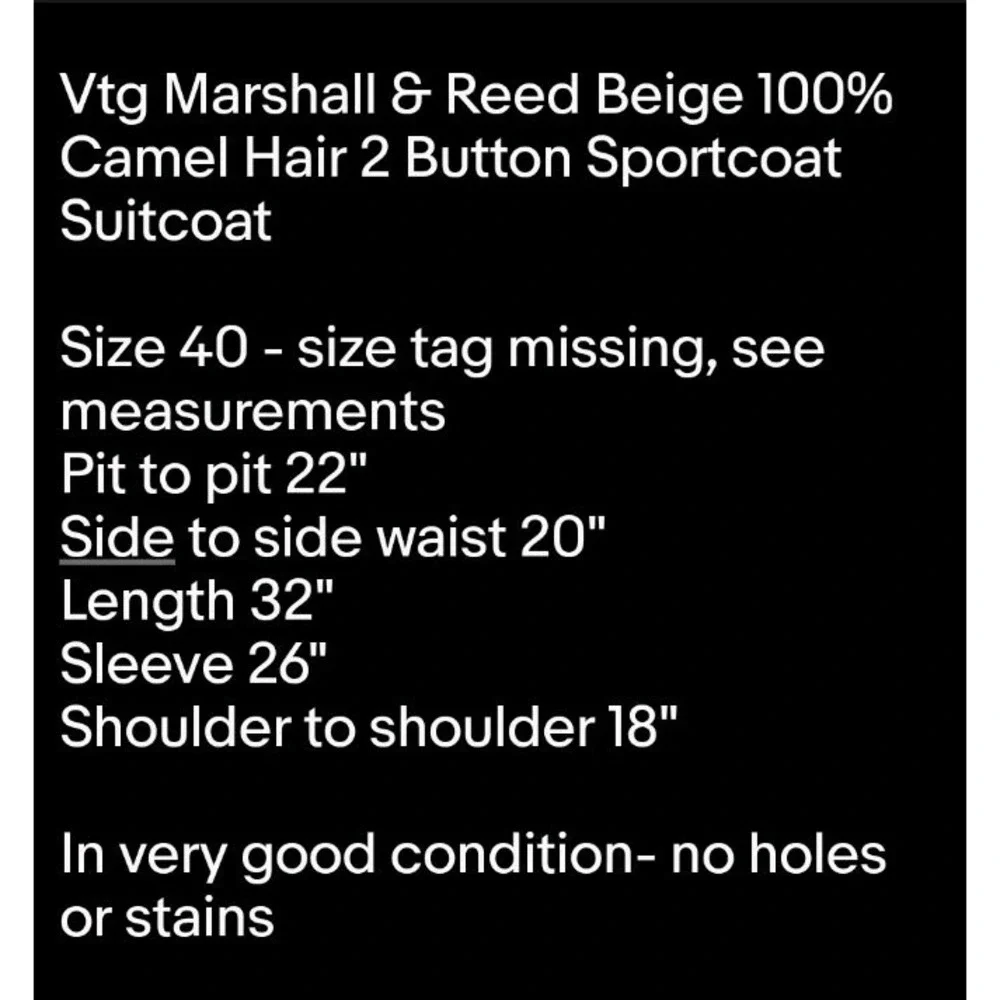 Vtg Marshall & Reed Beige 100% Camel Hair 2 Button Sportcoat Suitcoat Sz 40